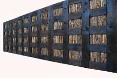 „Drewniana tablica nr 58”, kora, zwęglona sosna, gwoździe, montowane na drewnianej ramie, 310 x 100 x 7 cm, 2002 r. Sammlung de Weryha / Hamburg © Jan de Weryha-Wysoczański