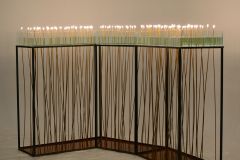 "Dystans", szkło, metal, woda, wosk, ogień, 320 x 160 x 120 cm, 2018
